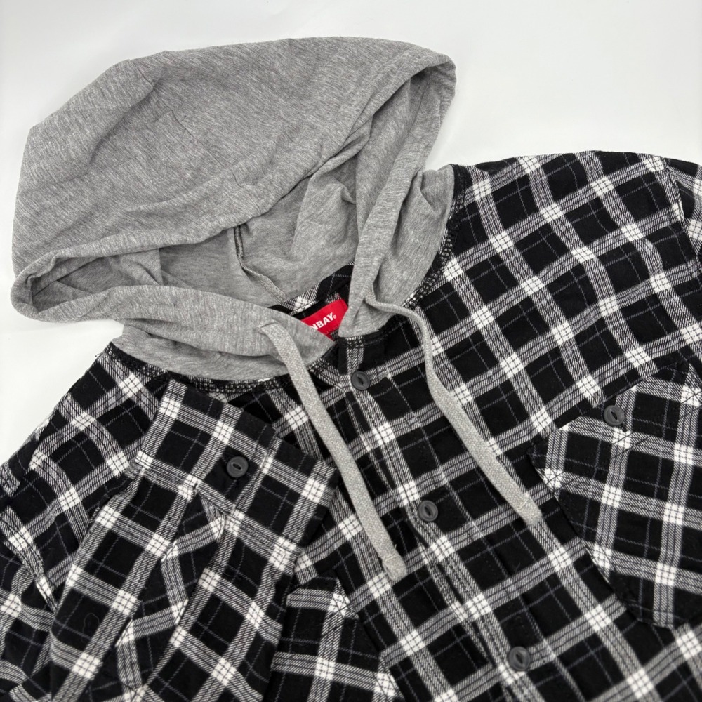 UNIONBAY Mens‎ L Plaid Flannel Hooded Shirt Black White Long Sleeve Button Up